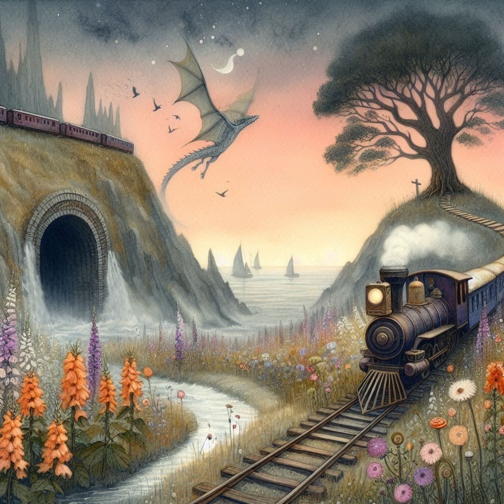 an old train on rickety tracks floating in the air