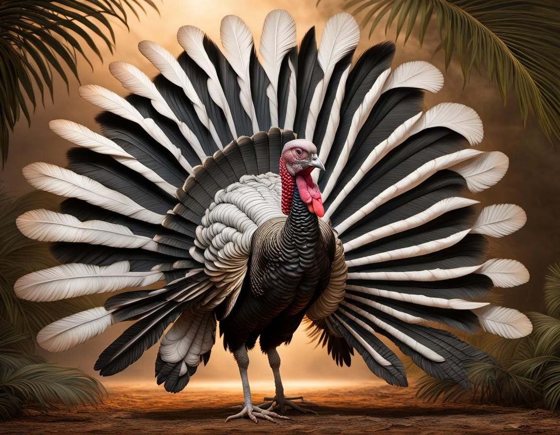 a (Royal Palm turkey with tail fan open)