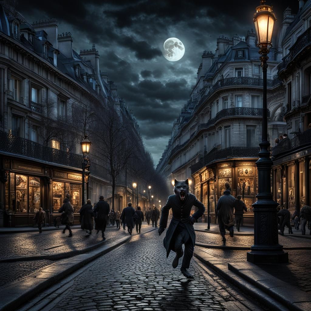 A viscous, angry, menacing werewolf stalks the dim moonlit s...