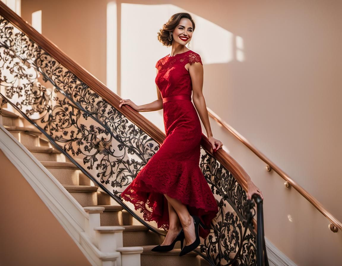 My beautiful lover comes down the stairs of the house wearing her beautiful red dress, and part of her chest is showing from the top, and sh...
