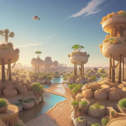 A (desert oasis:1.9) with (floating islands:1.6) that provid...