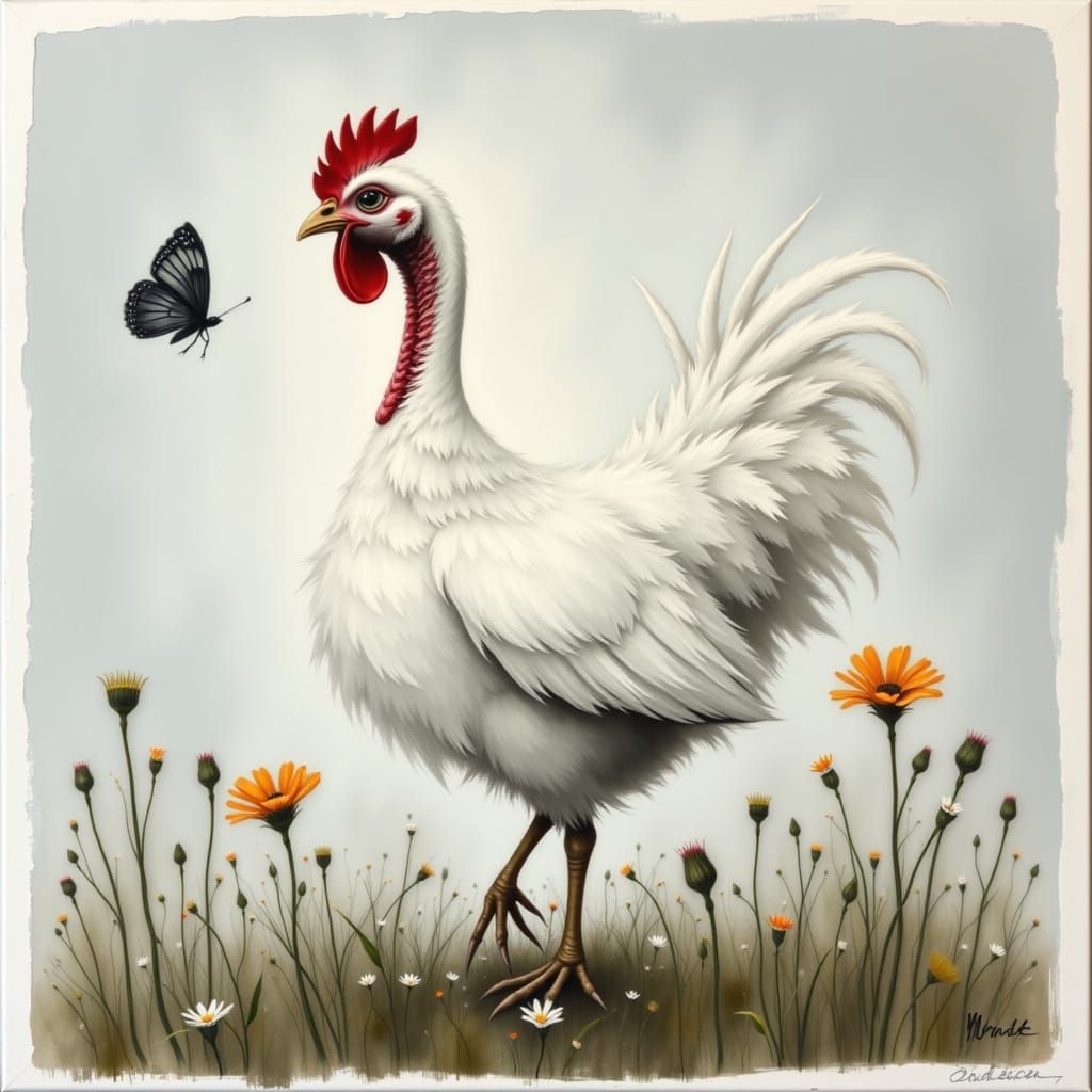 Gracefull whimsical fluffy white chicken, looking at a butterfly, touch of red
Pixar and Tim Burton <lora:ArtisticMix:1.0>