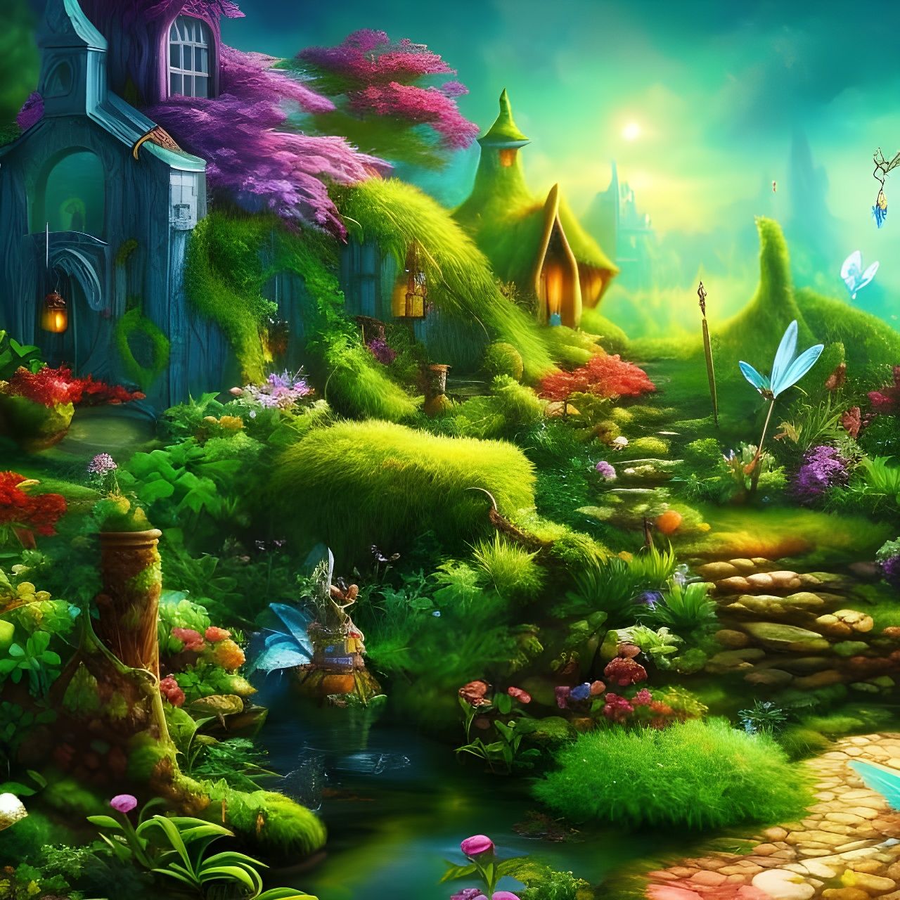 Fantasy Fairy garden 🌱🌿☘️🍀 Hyperrealistic, splash art, concept art, mid ...