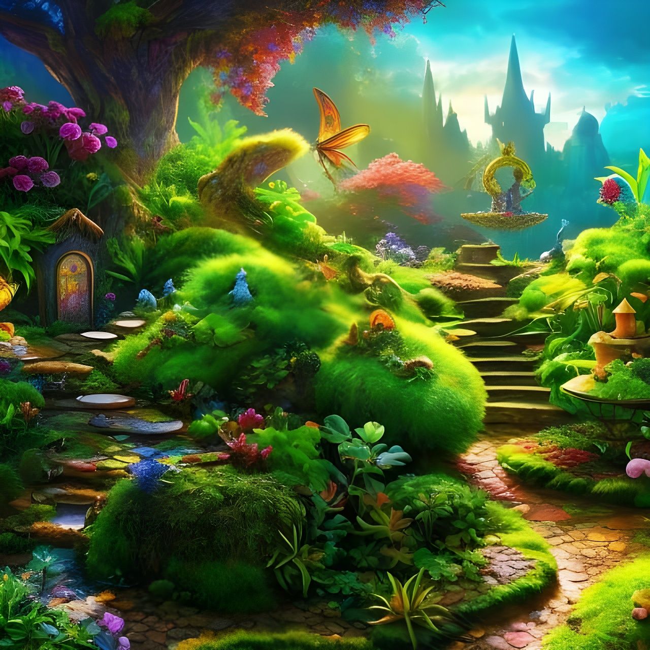 Fantasy Fairy garden 🌱🌿☘️🍀 Hyperrealistic, splash art, concept art, mid ...