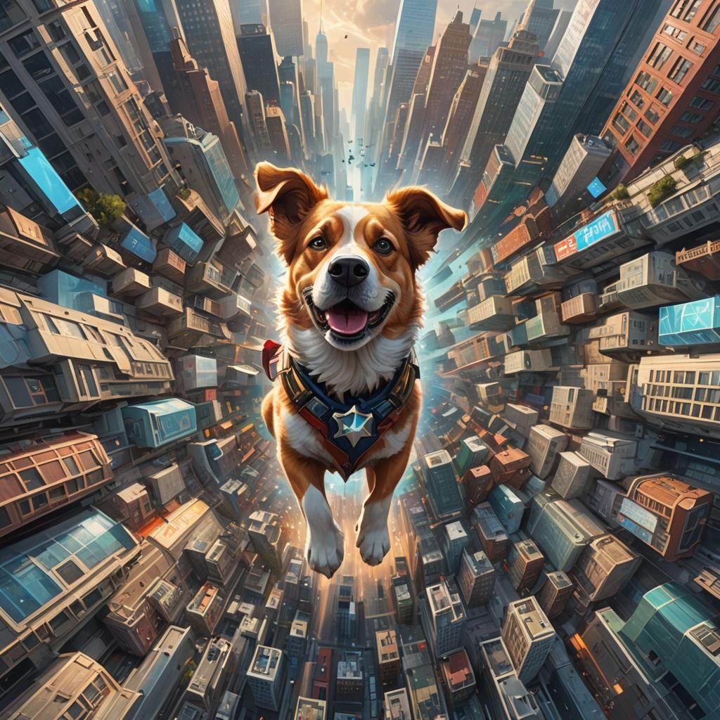 dog as a superhero saving the city