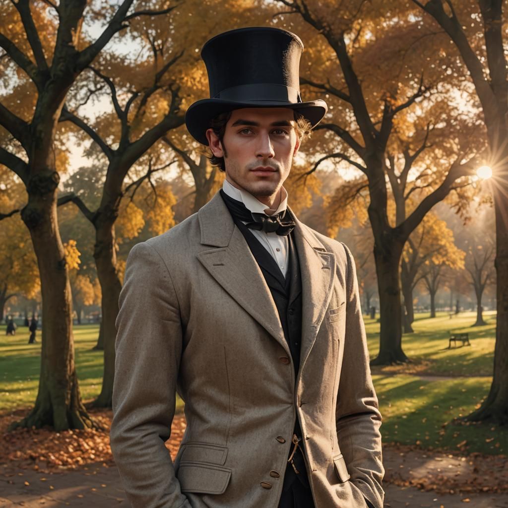 Photorealistic image of a young handsome Victorian man in a top hat in a park at an autumn sunset.  by @Wildstorm