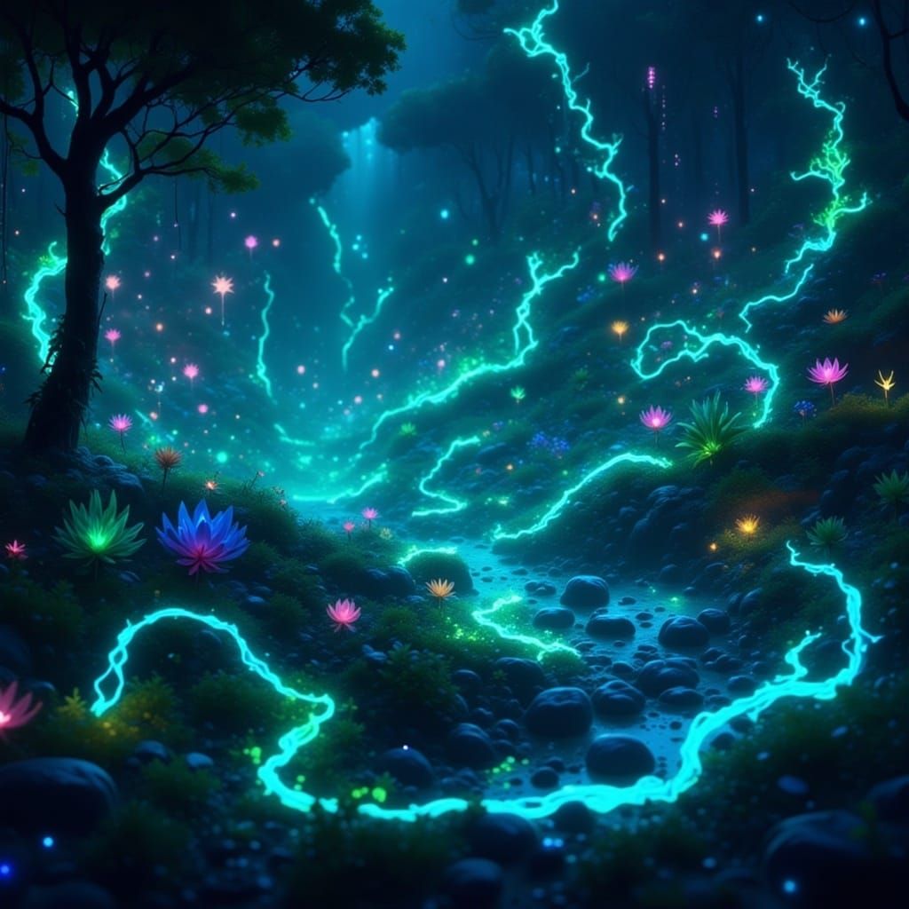 <lora:Dreamy Darkness Fx:1.0>, Glowing Vines: Veins: Vanes: Vessels: Vascular: Roots: Vines Branching: Electric: Lightning: Shock: flowing:...