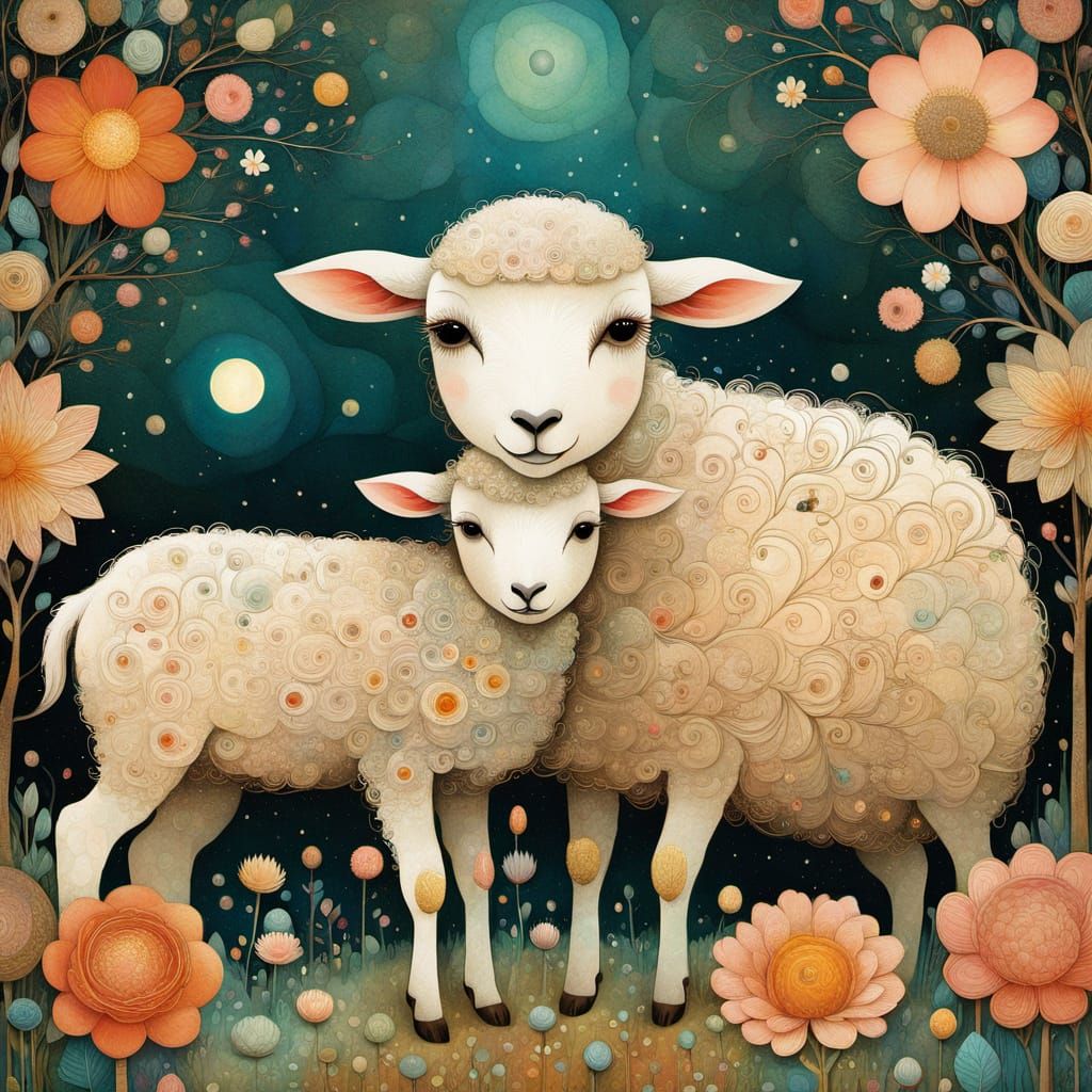 Whimsical Lambs and Flowers in Folk Art Style
