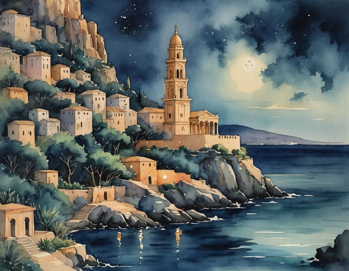 midnight mediterranean temple ocean watercolor  by @Thordis Alfstein