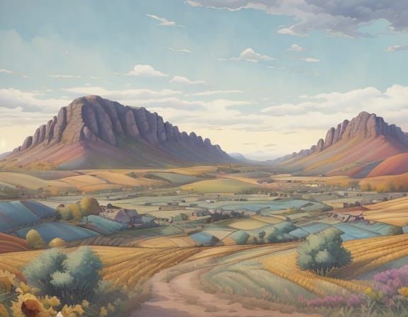 Vibrant Comic Book Village with Rolling Hills and Sunflowers...