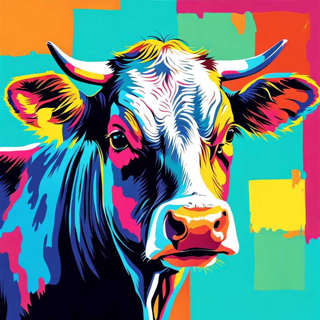 Andy Warhol pop art style cow portrait. Bright and vibrant colors  by @Melissa Fischer