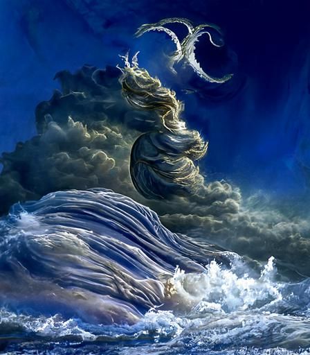 Goddess of the sea and the moon in the ocean waves during st...