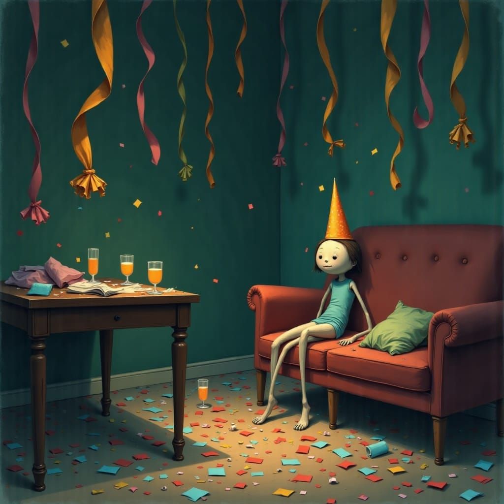  <lora:Monster Menagerie:1.0> 

A dimly lit room strewn with evidence of the night before: crumpled streamers hanging limply, empty glasses ...