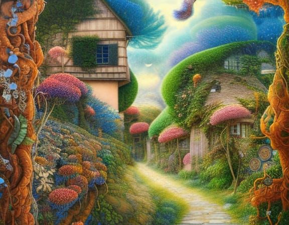 quaint cottages nestled along rolling green fields, colorful...
