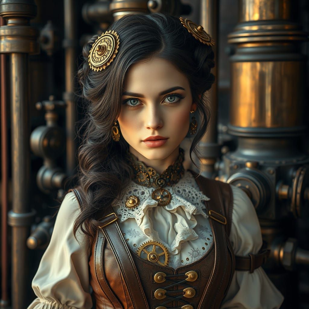 Elegant Steampunk Lady Amidst Industrial Machinery