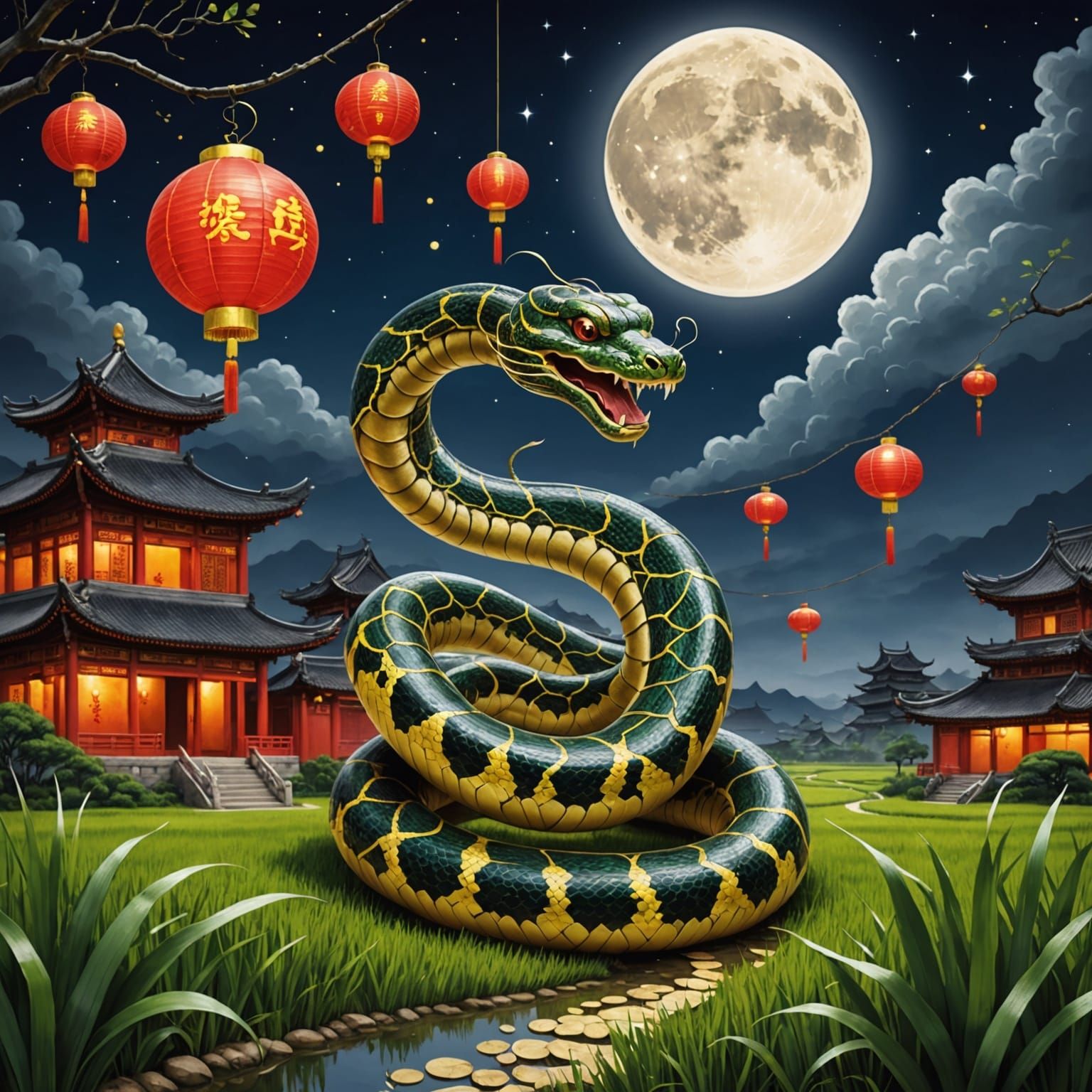 Chinese year of the snake. Depicting a giant-sized, semi-coiled snake, representing wisdom, transformation, ...  by @Sudidi
