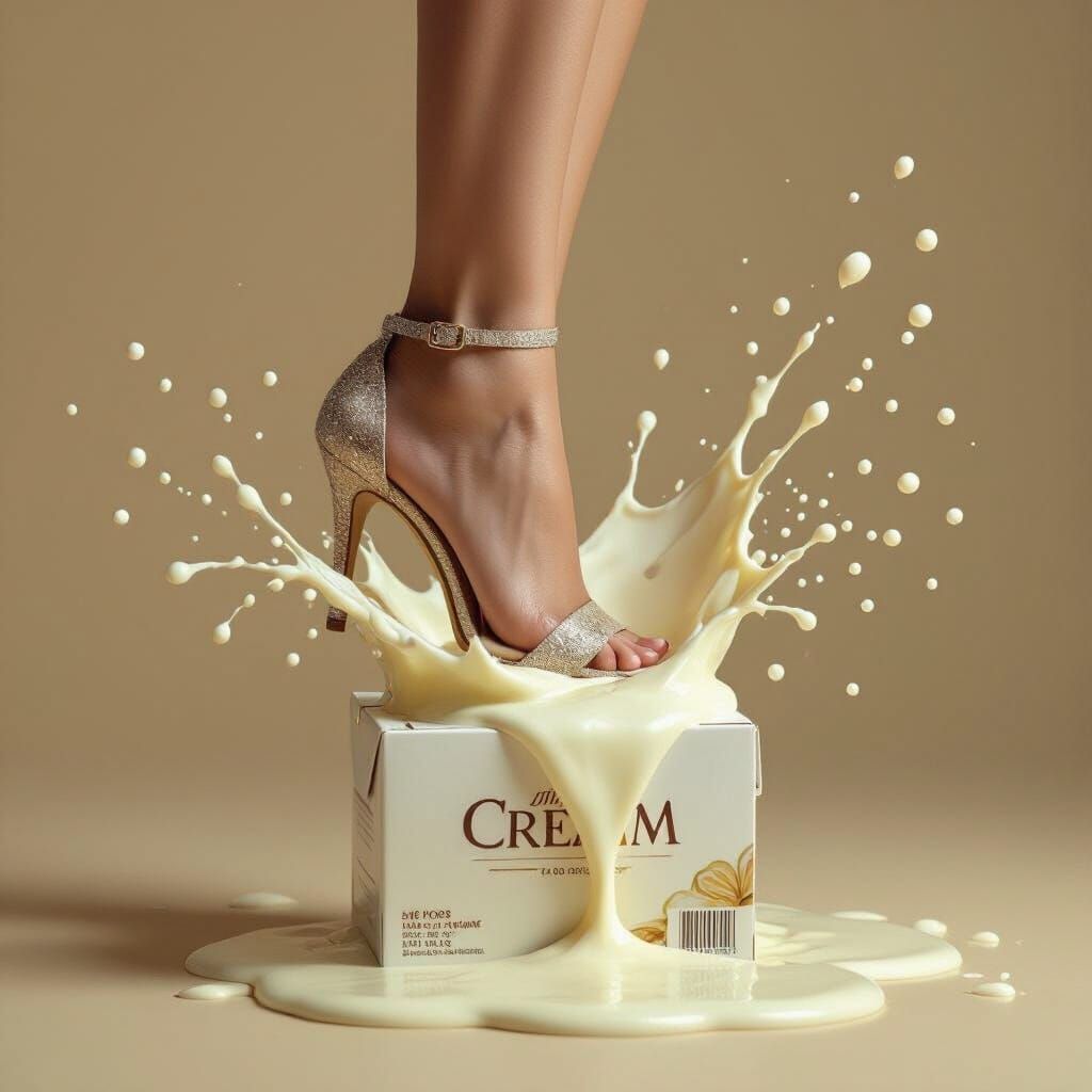 A open toed high heel standing on a carton of cream. The cream explosively hits the woman’s leg and is dripping onto the ankle
