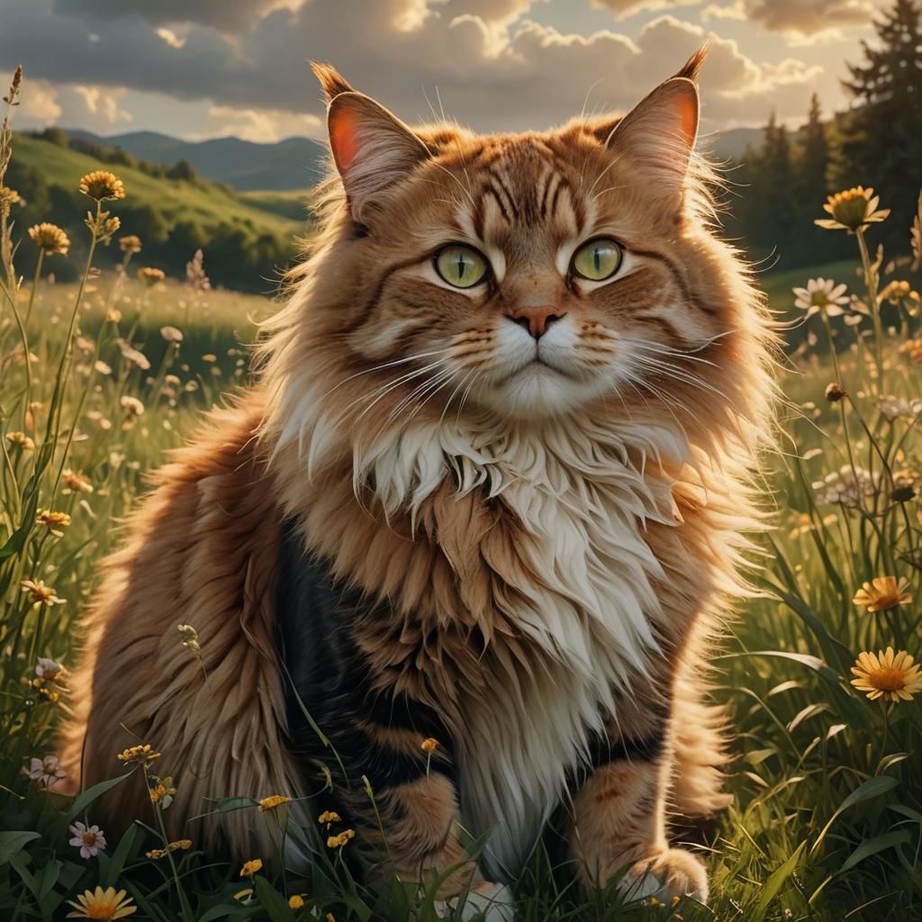 Regal Cat in Meadow: Cinematic Digital Painting