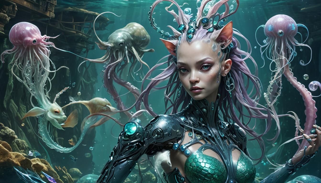 A mermaid goddess with jellyfish tentacles harmonizes realit...