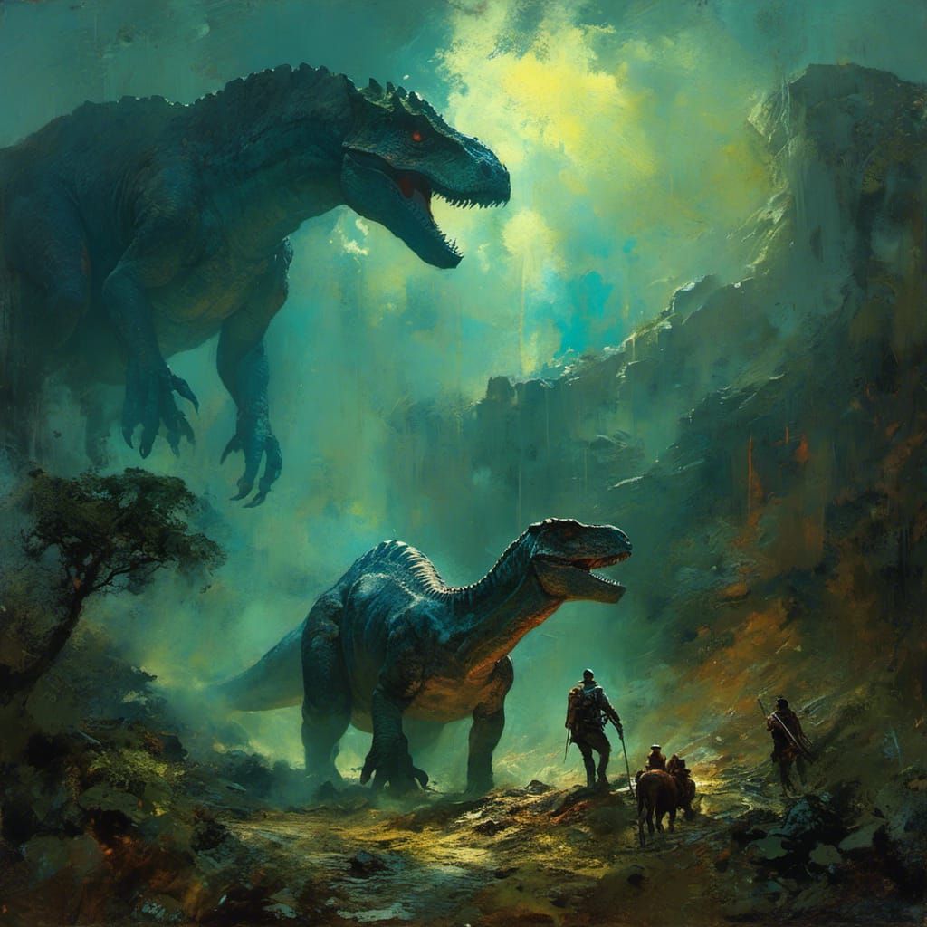 <lora:MJ6 Painterly:1.0> A time-traveling explorer encountering dinosaurs in the prehistoric era, expressionism painting, the overall style...