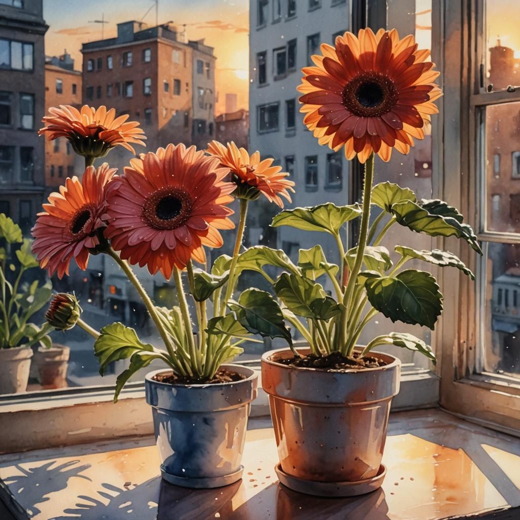 gerbera flower in a pot on a windowsill, sunset, watercolor