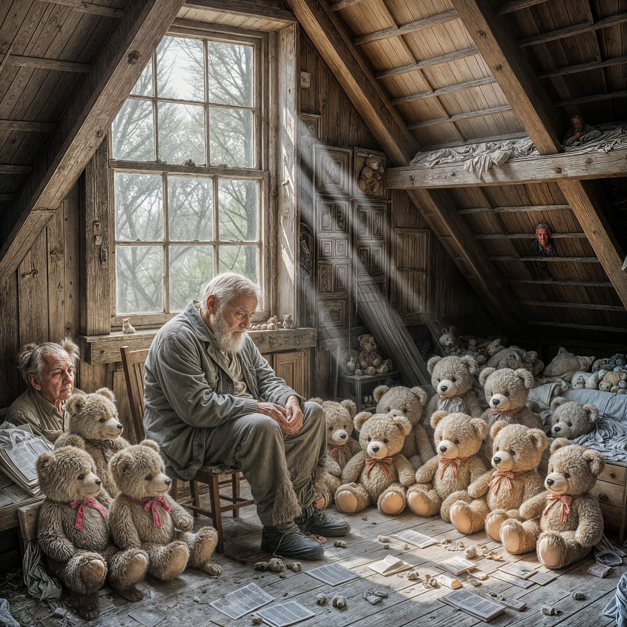 A solitary old man sits in a dusty, forgotten attic, surrounded by a menagerie of worn teddy bears. The air is thick with melancholy and the...