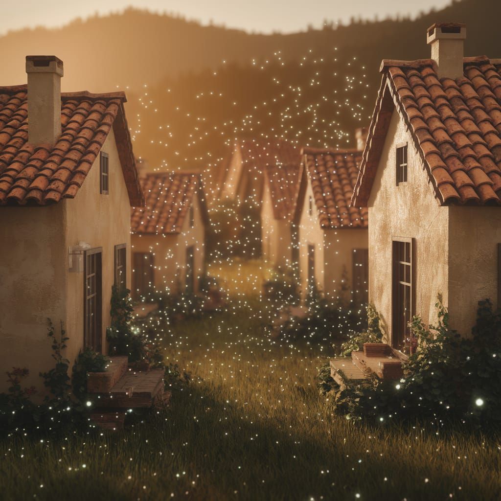 A magical realist scene of a small village where houses float slightly above the ground, glowing fireflies, soft earthy tones, inspired by G...