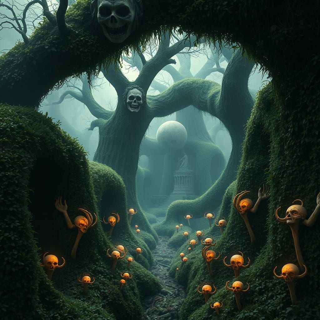 A twisted maze of hedges with hidden statues, where grotesque figures with vacant eyes and decaying limbs ...  by @Vic Dillinger