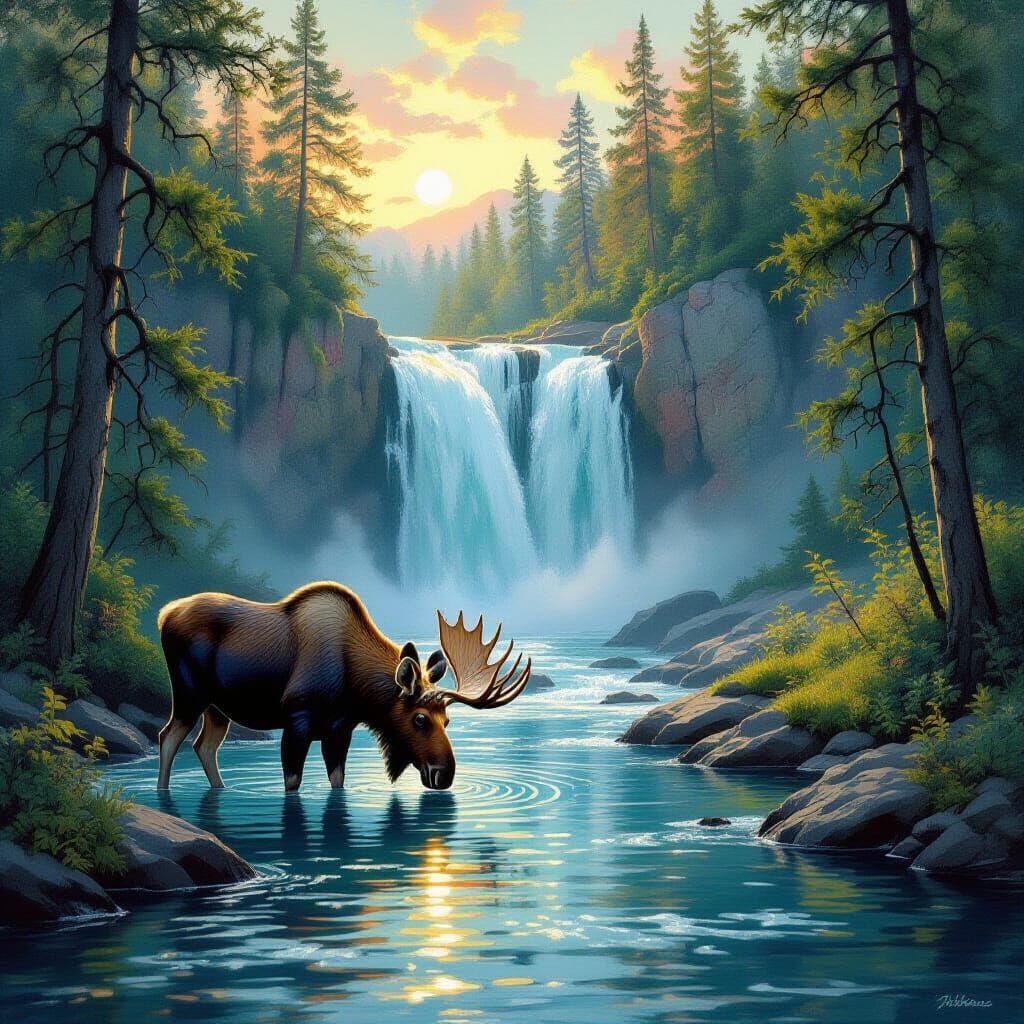 A beautiful view of a moose drinking from a stream flowing into a waterfall in the style of old-fashioned oil paintings.