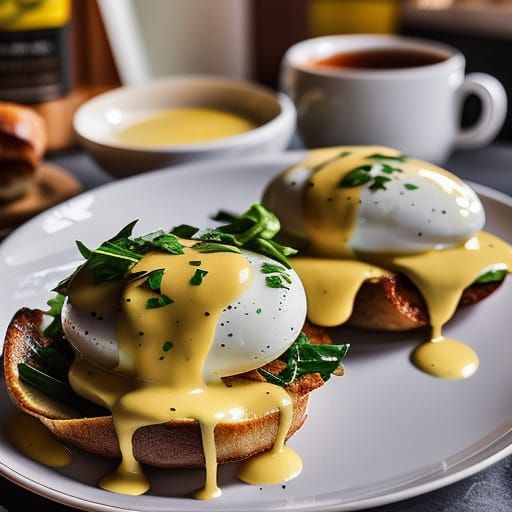 Egg Benedict with Oozing Hollandaise Sauce and a cup of coffee AI
