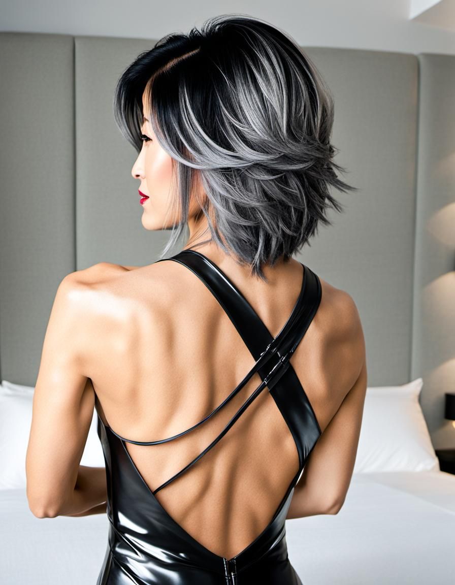 Grey haired mature asian woman showing off her back - AI Generated Artwork  - NightCafe Creator