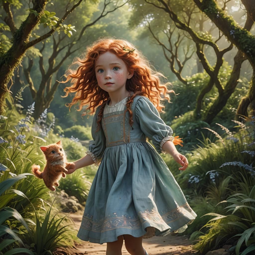 Whimsical Girl with Pet in Fantasy Landscape