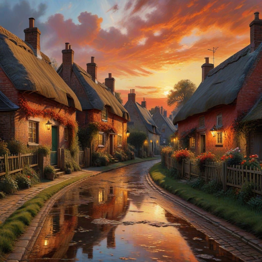 Street in a English village lined with thatched cottages with brilliant red sunset ,  intensely vibrant ...  by @drdawn