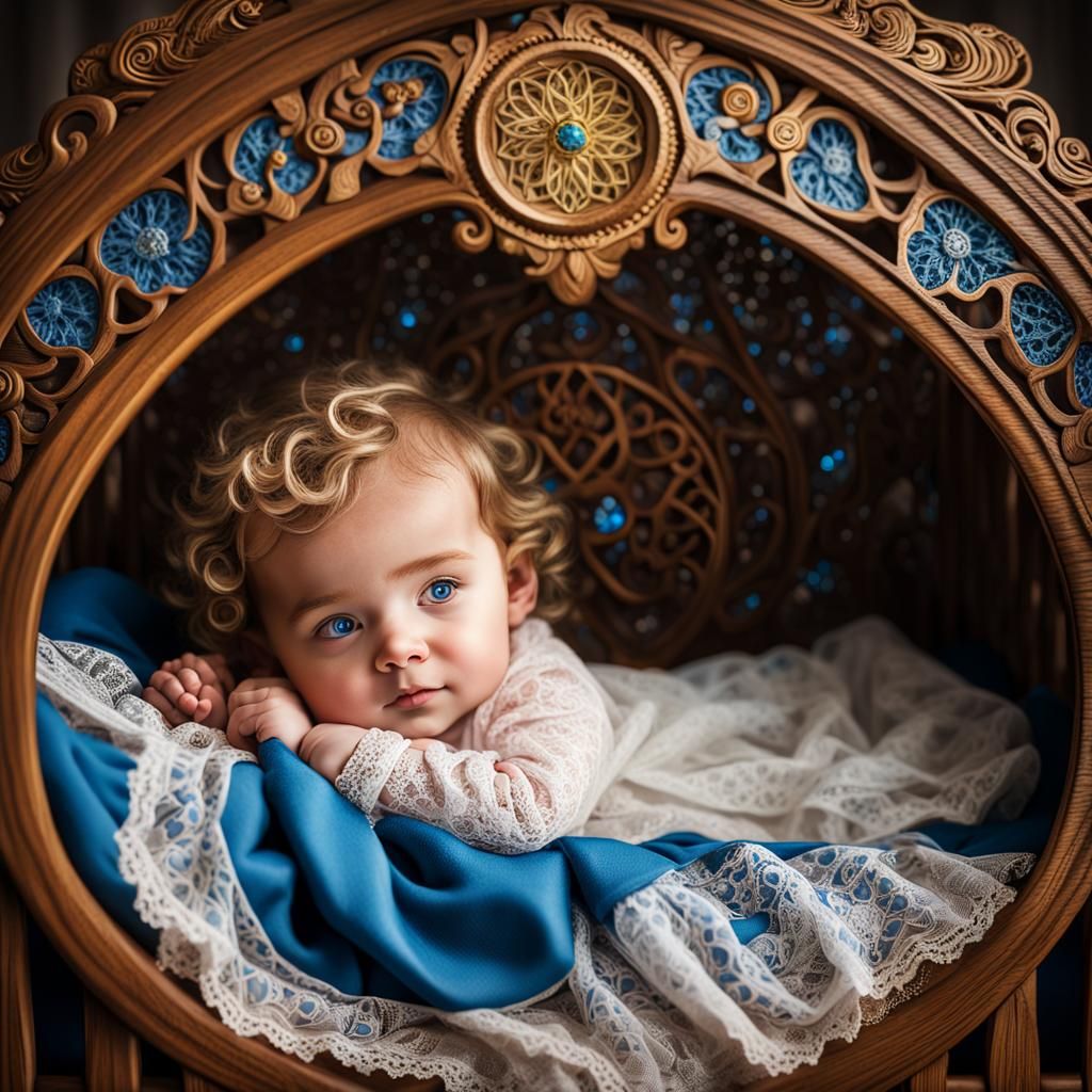 Baby in Carved Crib: Art Nouveau Fantasy