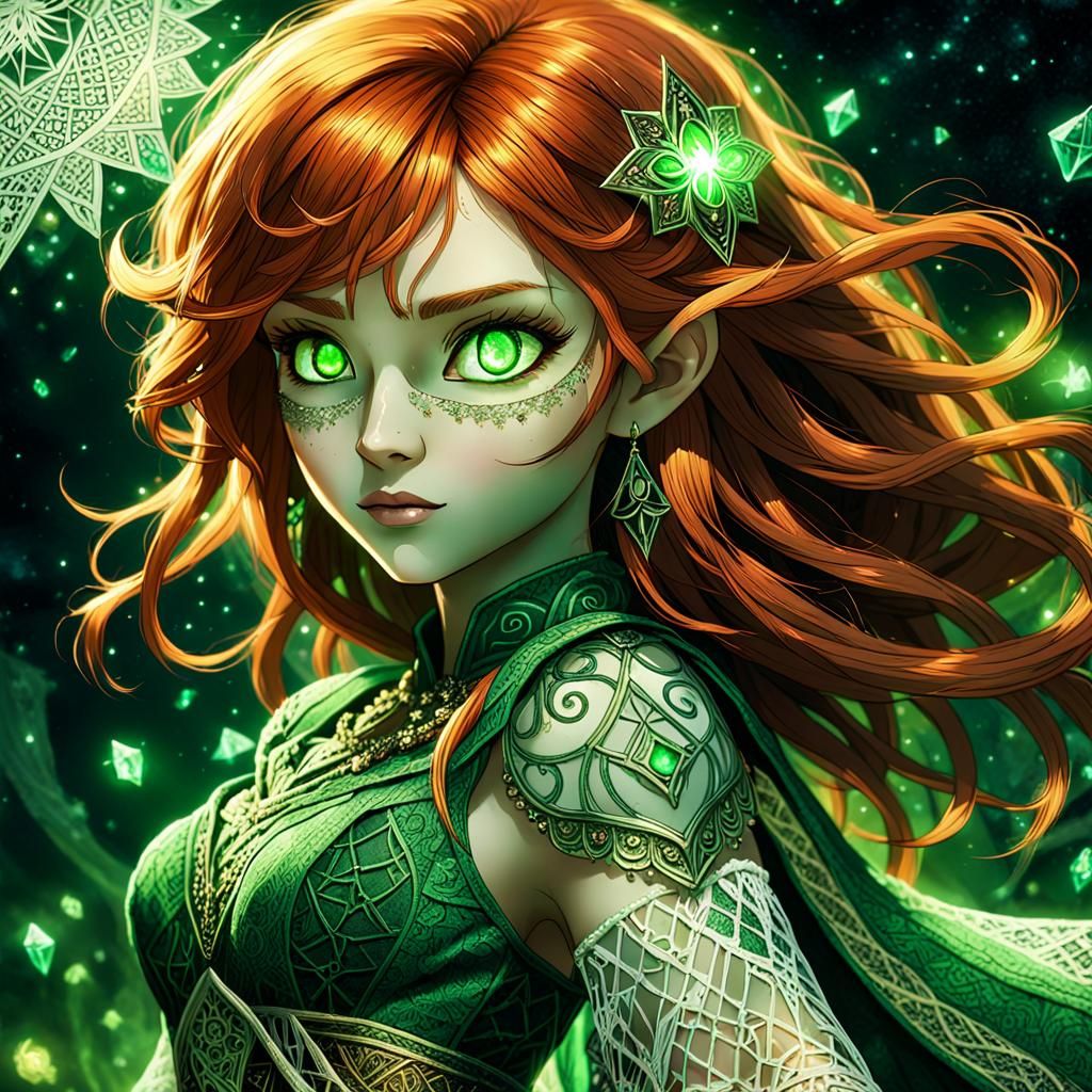 Ethereal Sorceress in Green Lace Skirt, Anime-Inspired Fanta...