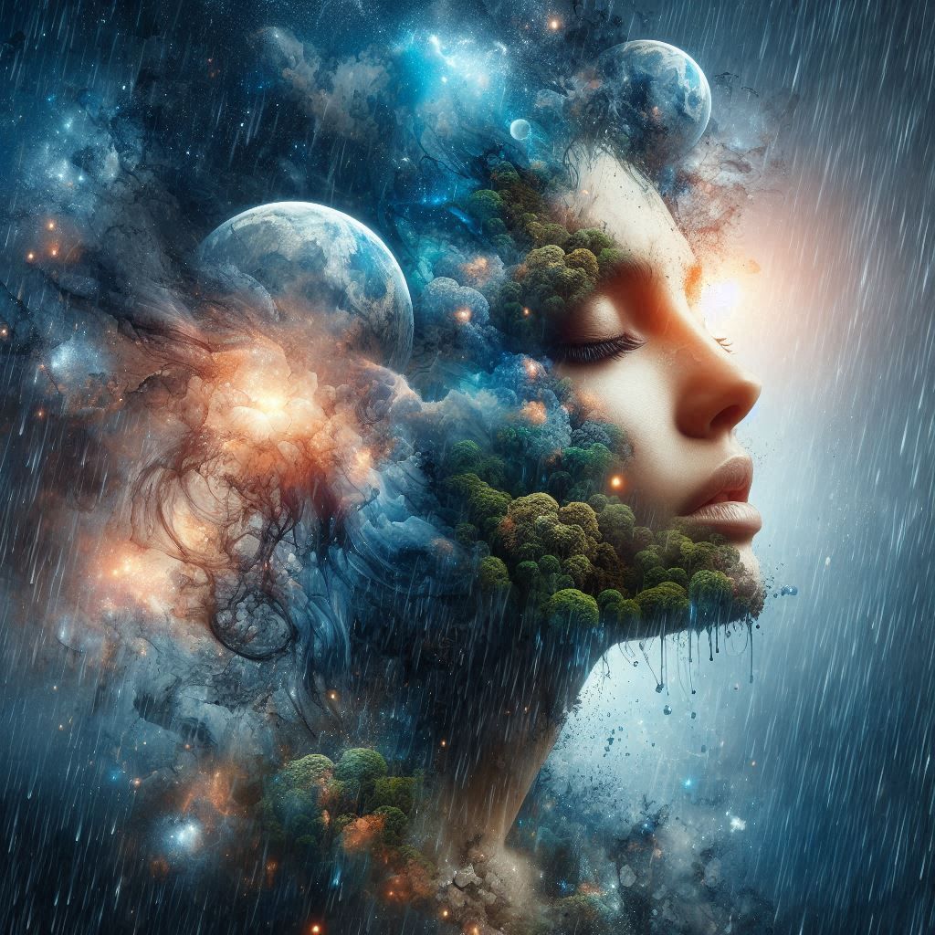 double exposure beautiful fantasy DALL-E 3 portrait landscape..