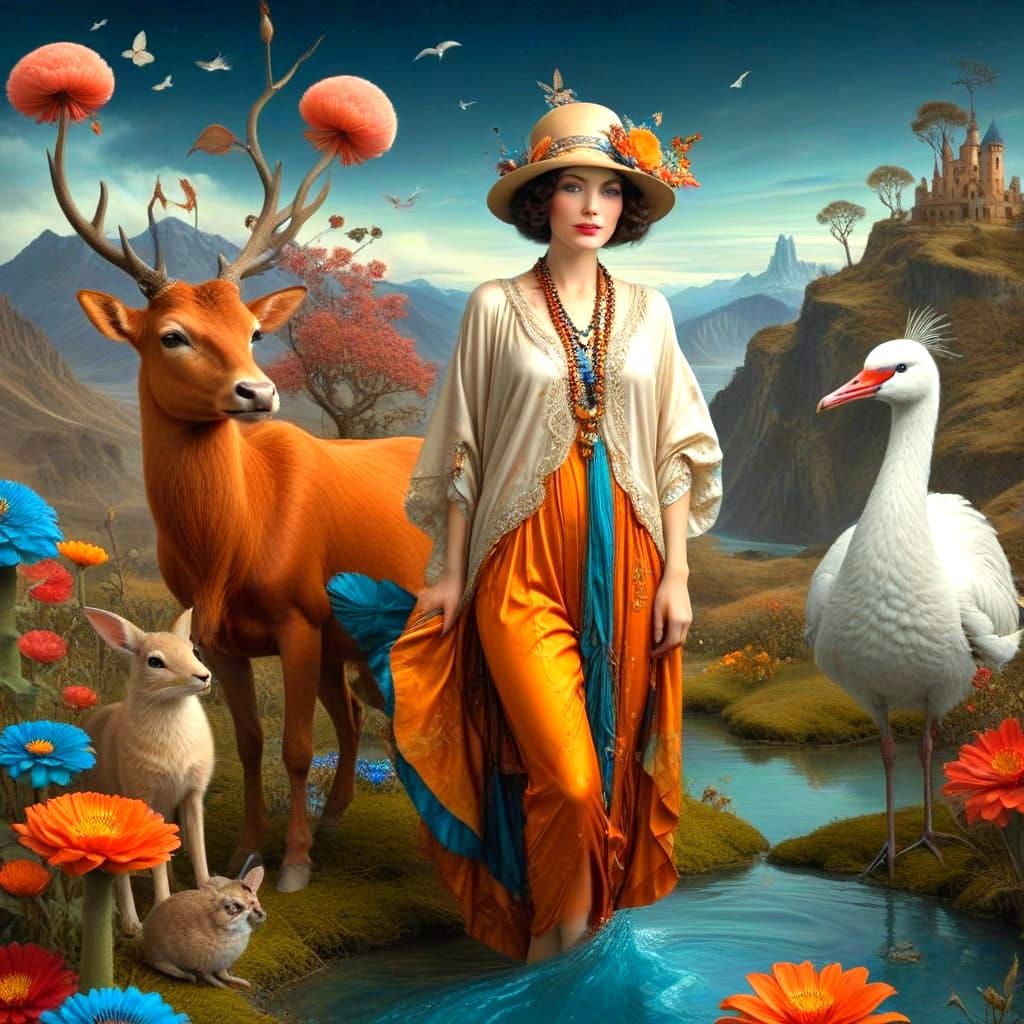 Surreal 1920s Goddess Amidst Whimsical Creatures