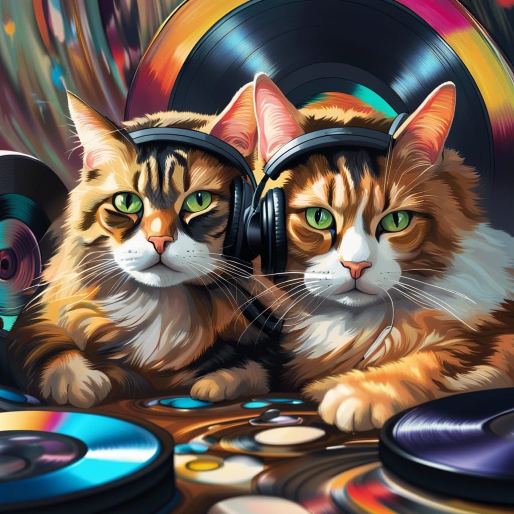 Two calico tabby cats listening to headphones while surrounded by vinyl ...