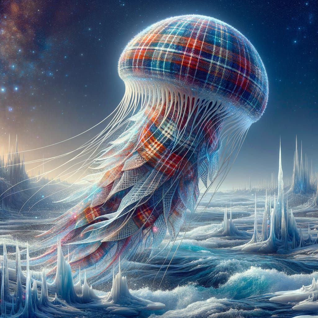 jellyfish, tartan plaid pattern, ice, surreal