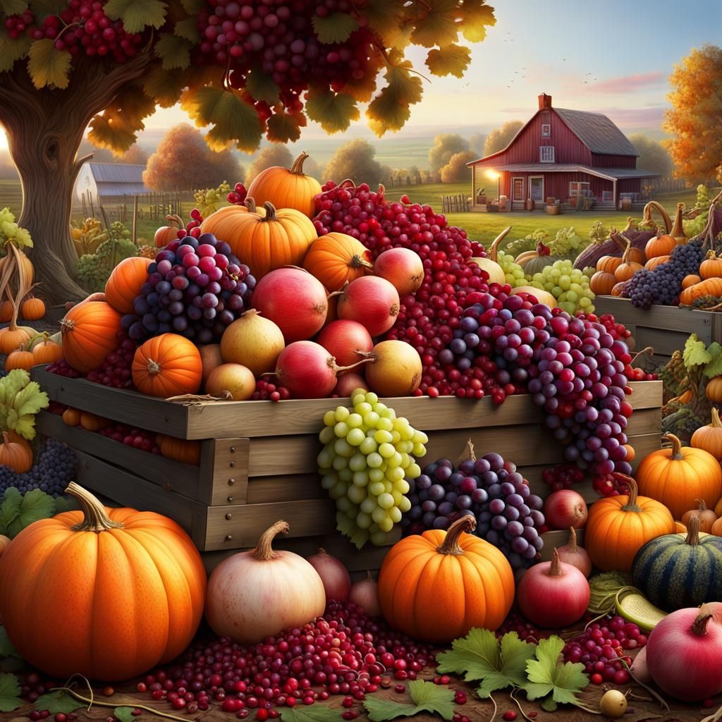 freshly harvested grapes, apples, cranberries, pumpkins, turnips, squash, zucchini, beets, eggplant, ...  by @Uttia Majumdar
