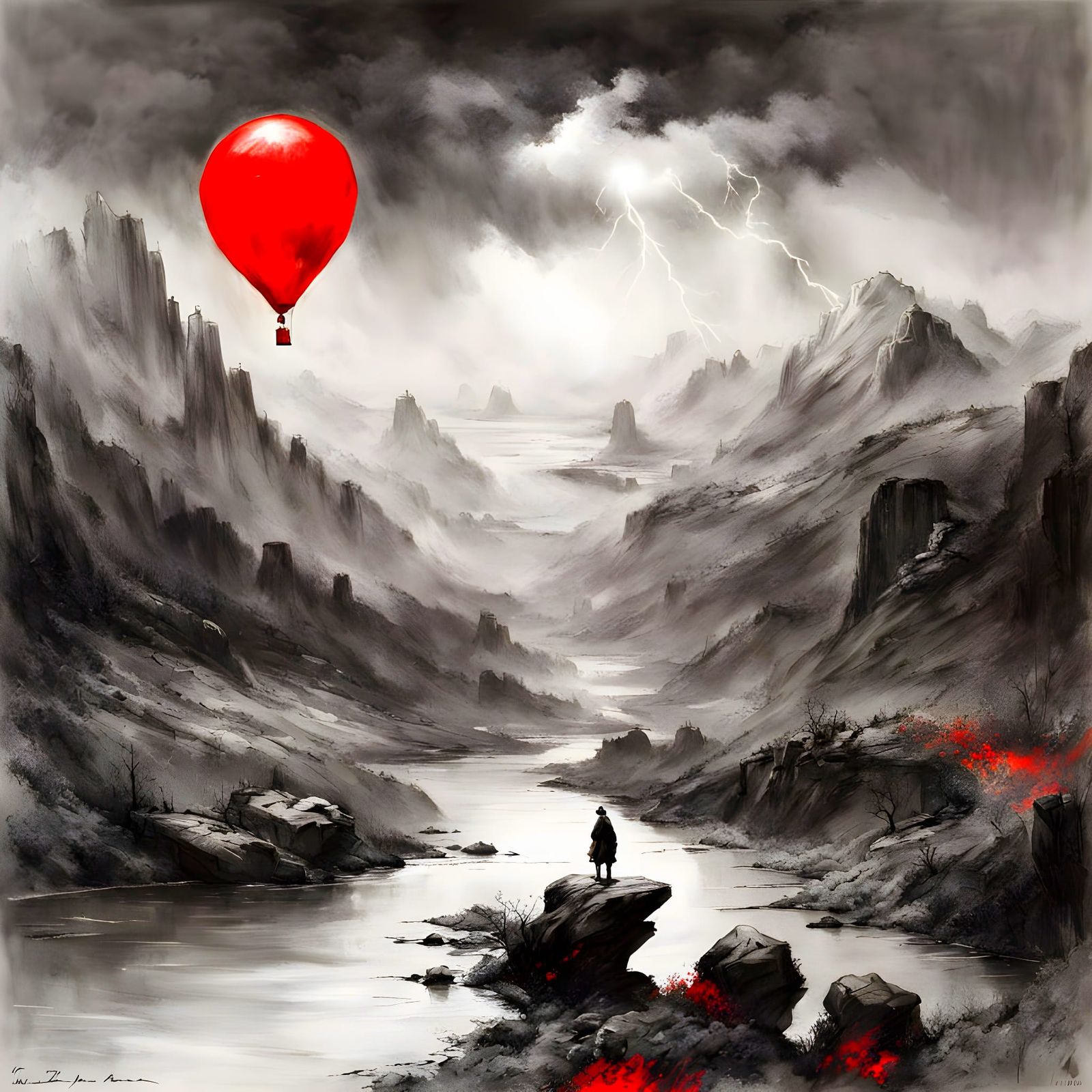 Red Balloon in Grayscale Landscape, Ink Wash Style