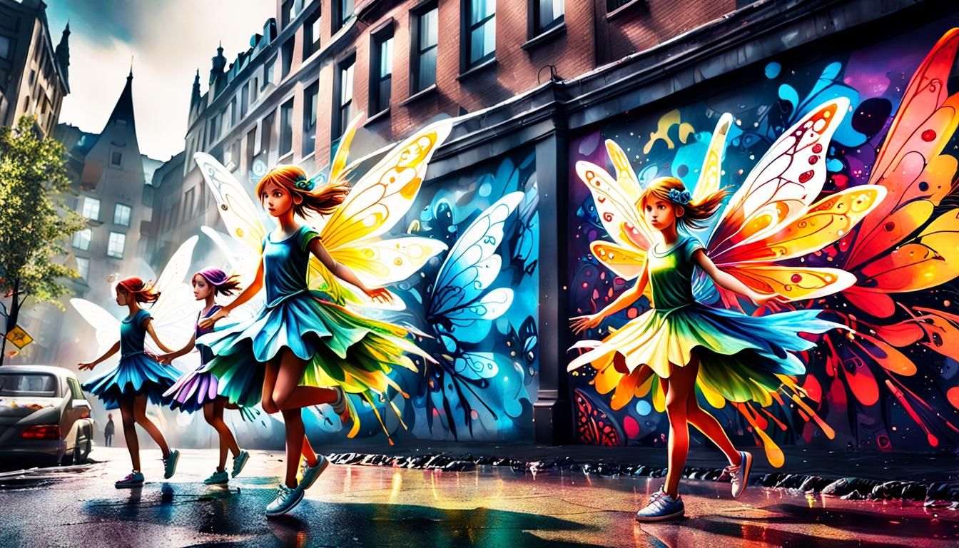 Ethereal and majestic colorful Fairies in the City