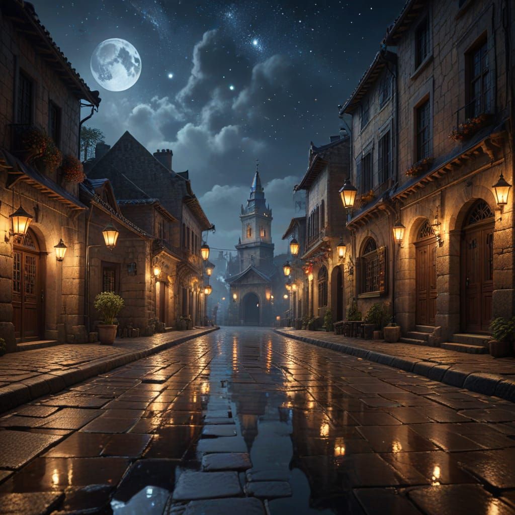 Ultra-realistic view of an ancient stone city glowing with lanterns, cobblestone streets, intricate architecture, reflections on wet roads, ...