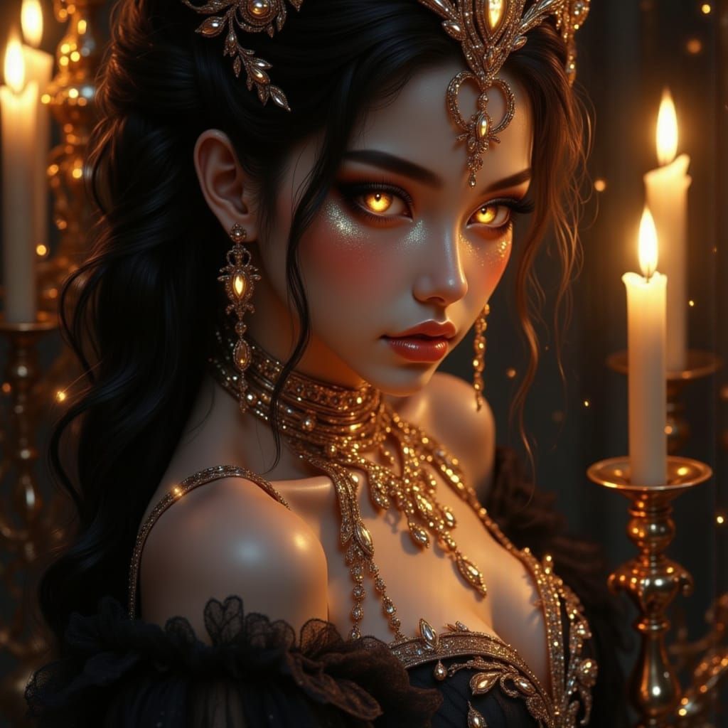 Baroque gothic muse, glowing under candlelight, pearl details, mysterious eyes, soft textures, dark fairytale mood MoonroseBeauty <lora:Moon...