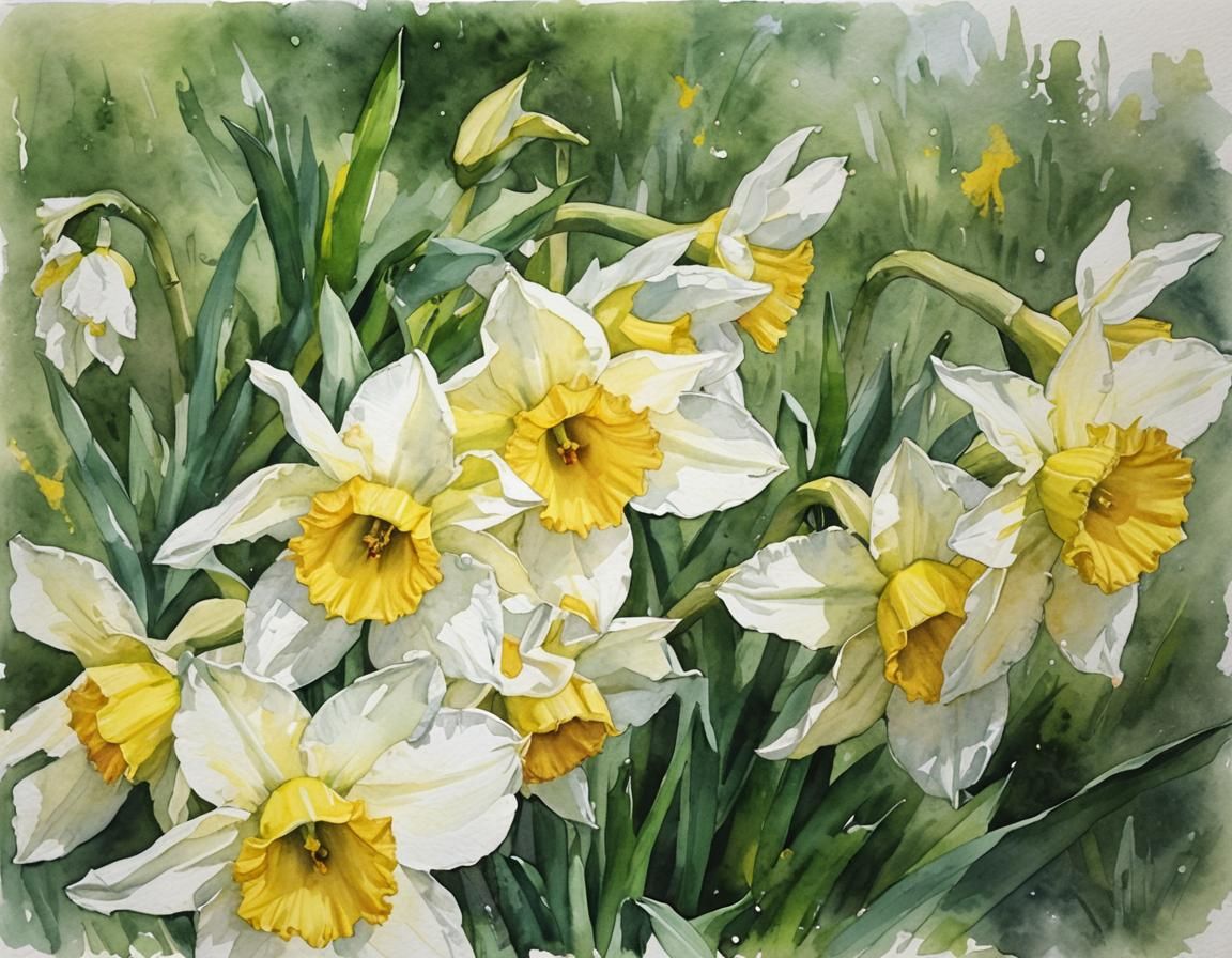 Blooming daffodils, watercolor