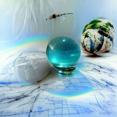 glass orb refraction marble blue teal green photorealistic