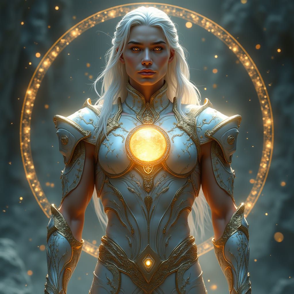 Ethereal Guardian of Balance in Cyberpunk Armor