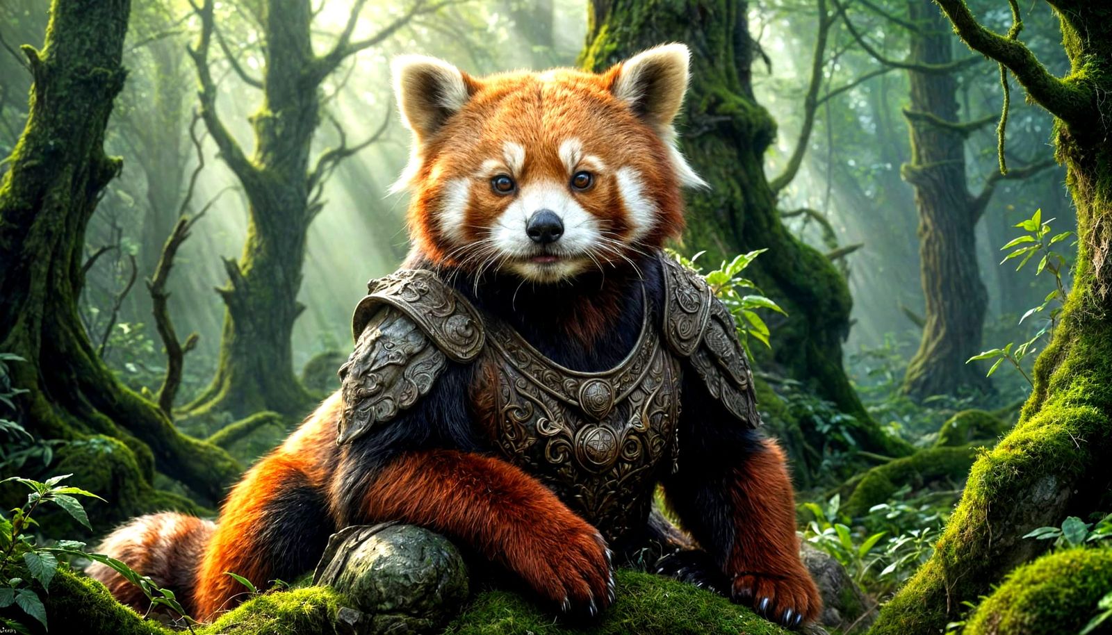 A majestic red panda, depicted as a wise elder, wearing an ancient, intricately carved wooden mask, ...  by @Lennis