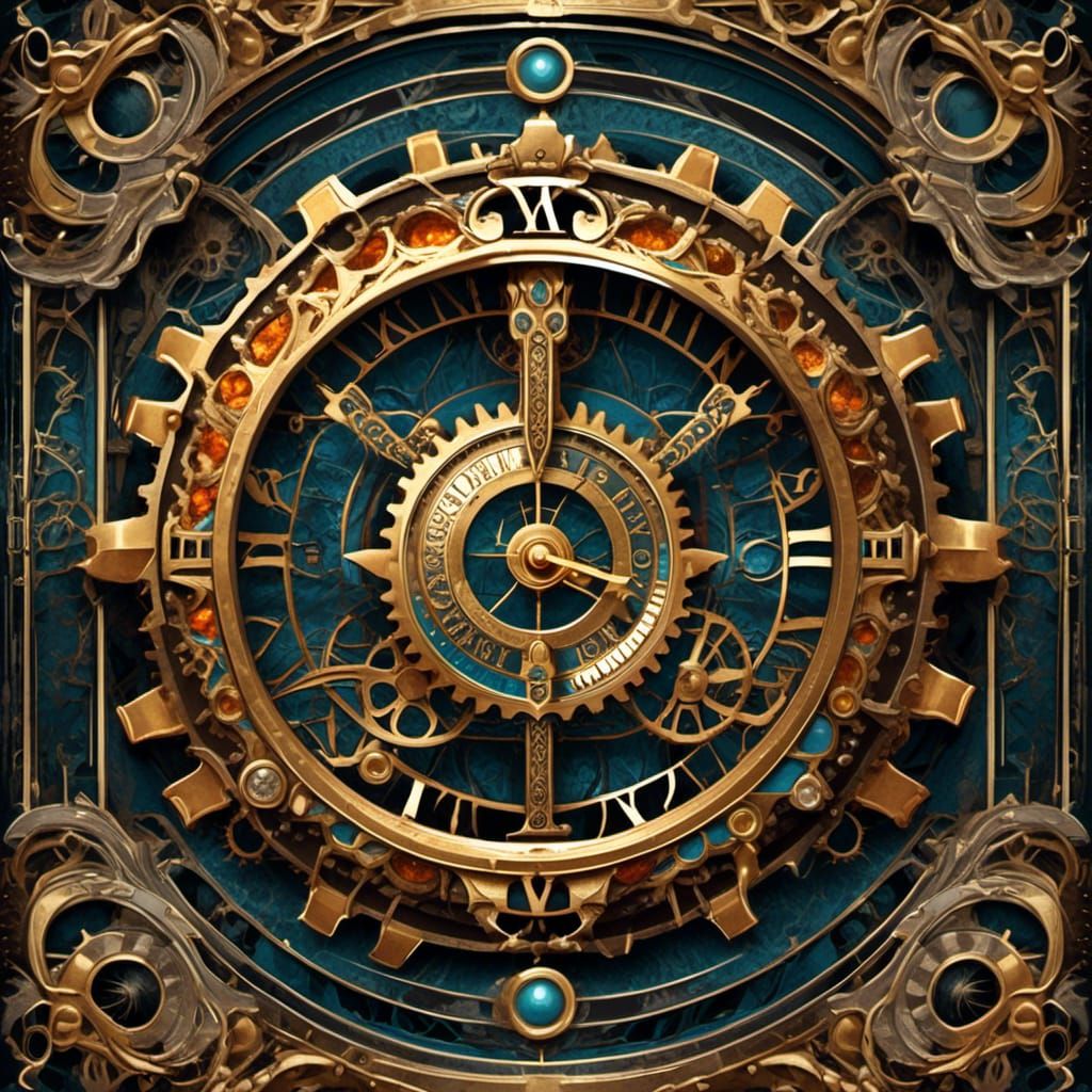 <lora:TheDeck:1.0> Striking gorgeous clock of gears in illustrated style for a fantasy card game, intricate stunning relic, amazing colours...