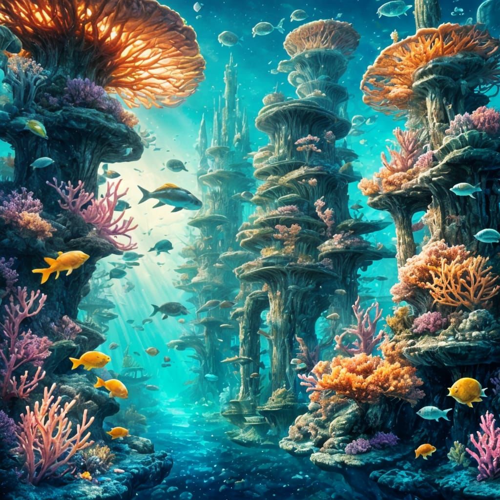 A futuristic underwater city constructed from shimmering coral and bioluminescent kelp, ...  by @Djiel